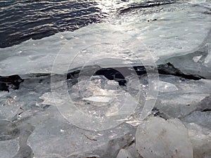 melted ice on the river in winter