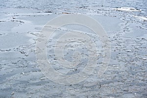 Melted ice on the spring river, winter landscape