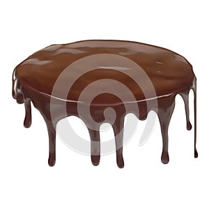 Melted liquid chocolate poured on a cake, pie. Vector 3d illustration isolated on white background