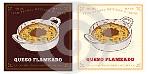 Melted Mexican cheese queso flameado realistic vintage illustration