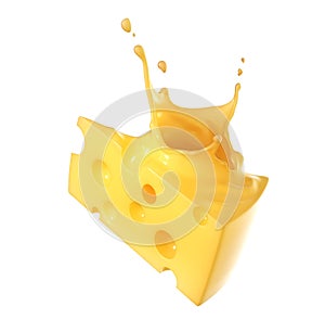 Melted piece of cheese in the air on a white background. 3d illustration