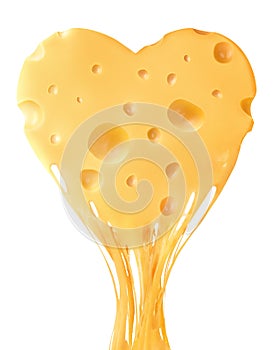 Melted piece of cheese in the shape of a heart on a white isolated background