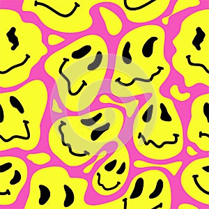 Melted smile faces, trippy seamless pattern. Retro hippie psychedelic distorted face. Lava lamp smile face vector