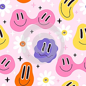 Melted smiley faces and flowers, trippy seamless pattern. Retro hippie psychedelic distorted emoji. Lava lamp smiley