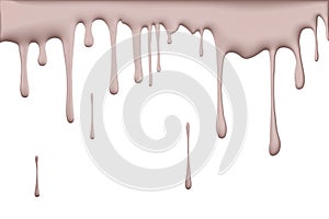 Melted white chocolate leaking, milk, yogurt cream, ice cream dripping flowing streams of drops, isolated on white background ,