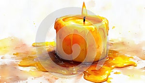 Melting Yellow Candle with Dripping Wax and Flame