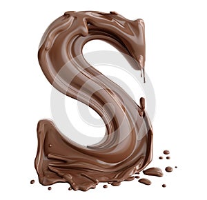 Melting chocolate alphabet, letter S cutout on white background. Generative AI realistic illustration