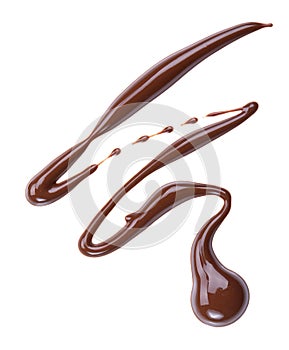 Melting chocolate drips. Chocolate isolated on white background.