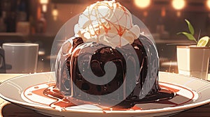 melting chocolate lava cake oozing with molten goodness with a scoop of vanilla ice cream manga cartoon style by AI generated