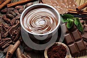 Melting chocolate or melted chocolate with a chocolate swirl. M