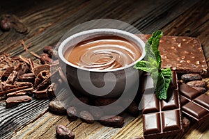 Melting chocolate or melted chocolate with a chocolate swirl. M