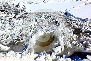 Melting cracked ice on the river, snow and frozen water