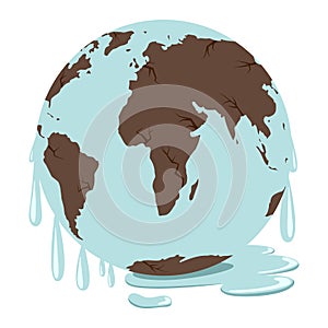 Melting Earth climate change icon - global warming and soil erosion. Vector ecology illustration of an environmental