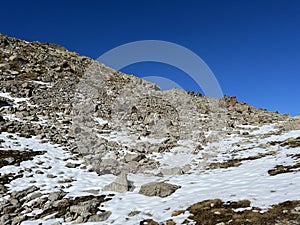 The melting of fresh autumn snow in the wonderful environment of the Swiss mountain massif Abula Alps, Zernez photo