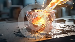 Melting furnace glass. Glass manufacturing industrial factory. Glass plant.