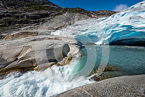 Melting Glacier Nigardsbreen Nigar Glacier arm of Jostedalsbreen located in Gaupne Jostedalen valley Norway