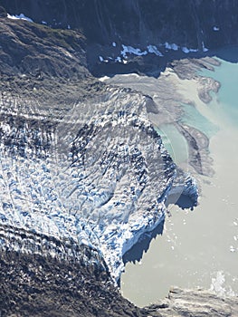 Melting glacier with silt in Alaska aerial