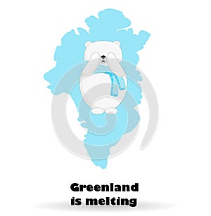 Melting glaciers of Greenland. The island of Denmark. Global warming. Changing of the climate. Map of Greenland on a white