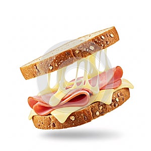 A melting ham and cheese sandwich on multigrain bread, isolated on a white