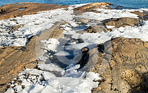 Melting ice on the Baltic Sea shore