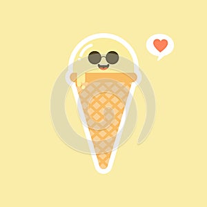 Melting ice cream balls in the waffle cone isolated on color background. Vector flat icon. Comic character in cartoon style