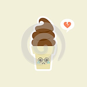 Melting ice cream balls in the waffle cone isolated on color background. Vector flat icon. Comic character in cartoon style