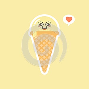 Melting ice cream balls in the waffle cone isolated on color background. Vector flat icon. Comic character in cartoon style