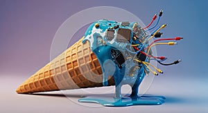 Melting ice cream cone revealing computer chips and wires inside AI slop