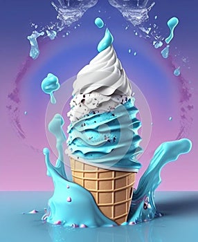Melting ice cream cone with splashes, generative ai illustration