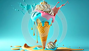 Melting ice cream cone in a variety of vibrant colors illustration