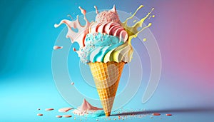 Melting ice cream cone in a variety of vibrant colors illustration