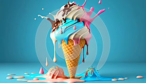 Melting ice cream cone in a variety of vibrant colors illustration