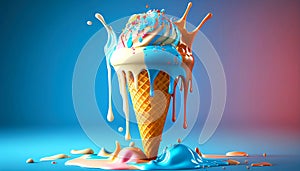 Melting ice cream cone in a variety of vibrant colors illustration