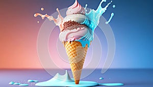 Melting ice cream cone in a variety of vibrant colors illustration