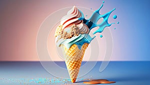 Melting ice cream cone in a variety of vibrant colors illustration