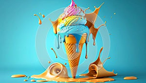 Melting ice cream cone in a variety of vibrant colors illustration