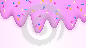 Melting ice cream sprinkled with icing 3d pink border isolated on a white background Sweet delicacy Vector