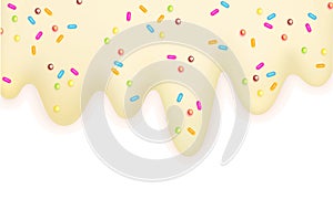 Melting ice cream sprinkled with lollipops 3d pastel milk border isolated on a white background Sweet delicacy Summertime Vector