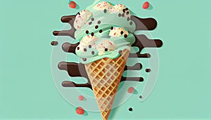 Melting ice cream with a waffle cone and chocolate splashes on a mint color background. Horizontal illustration. AI generative