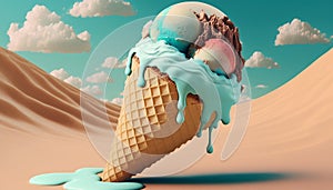 Melting ice cream in a waffle cone in the desert.