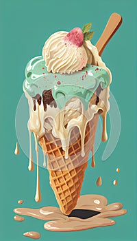 Melting ice cream with a waffle cone on a mint color background. Vertical illustration. AI generative