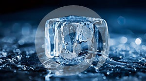 Melting Ice Cube On Dark Blue Surface With Water Texture And Reflections