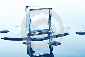 Melting ice cube with reflection isolated on white.