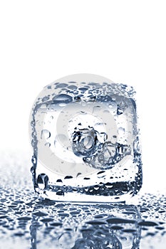 Melting ice cube with water dew