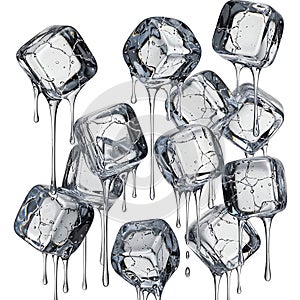 Melting ice cubes dripping water against white background