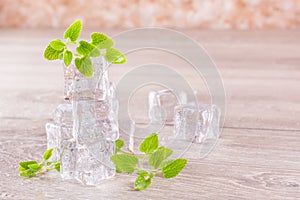 Melting ice cubes and mint leaves in droplets of water