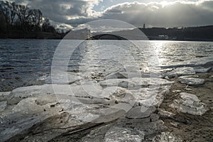 Melting ice on Dnipro river near Kyiv, Ukraine