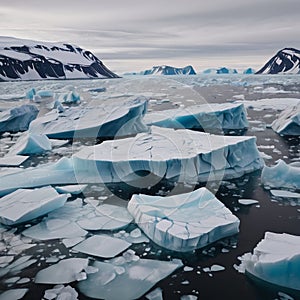 Melting of ice floes and icebergs in the waters of the Northern Arctic.