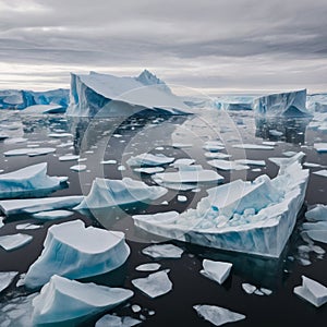 Melting of ice floes and icebergs in the waters of the Northern Arctic.