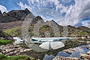 Melting ice floes on a small mountain lake